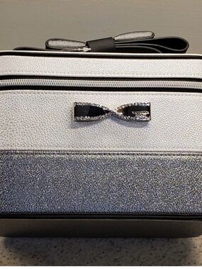 Victoria's Secret Silver and Black Glitter Bow Cosmetic Case